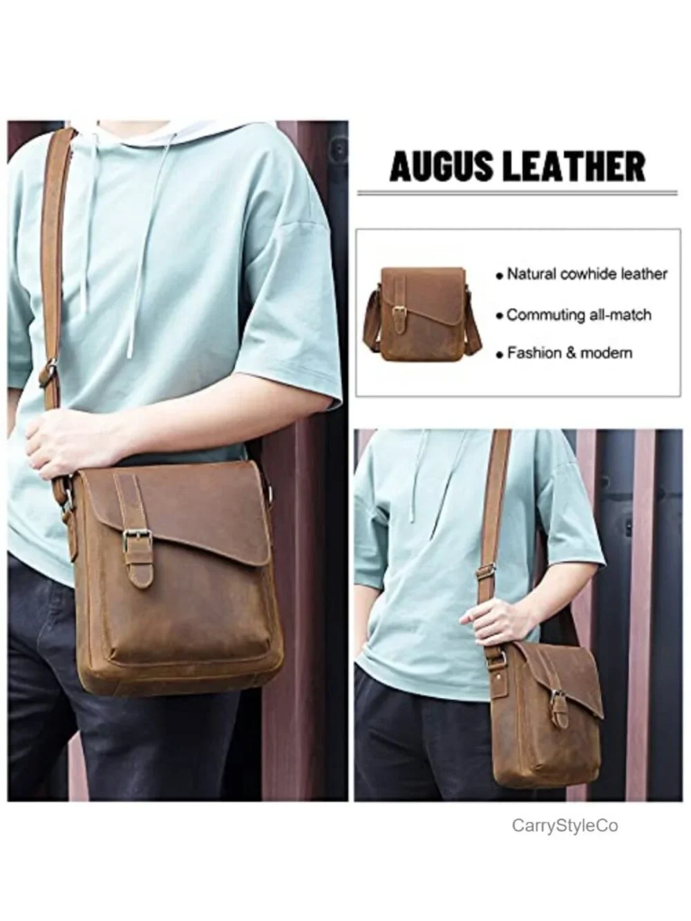 Men's Leather Messenger Crossbody Bag for Tablet, Anti-Theft Back Pocket,